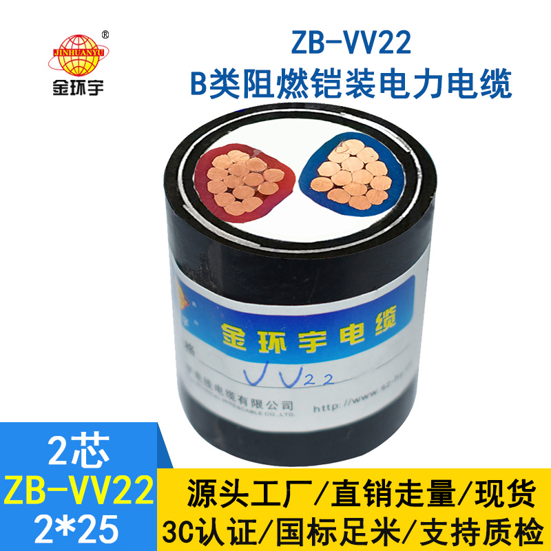 金环宇电缆 铜芯阻燃电力电缆ZB-VV22-2*25铠装电线